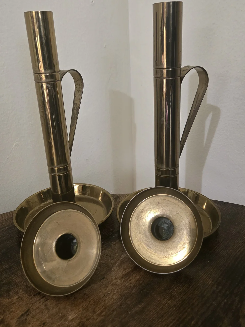 Rare Vintage Signed Brass Trumpet Handled Candlestick Holders Pair